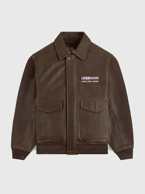 Recreated World’s Borough 2026 brown flight leather jacket inspired by Aimé Leon Dore with durable leather shell and tailored shape