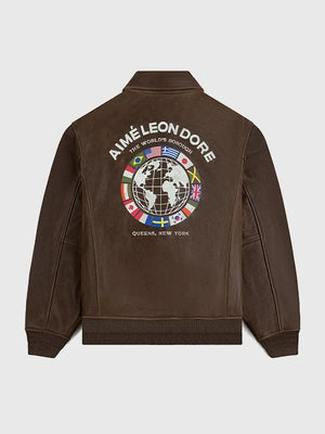 Unisex Aimé Leon Dore World’s Borough 2026 brown leather flight jacket featuring ribbed cuffs and structured collar design