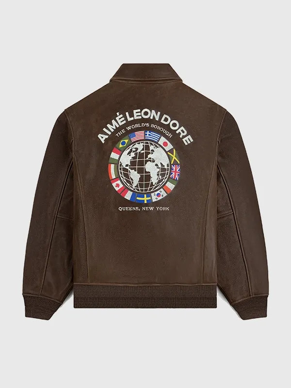 Unisex Aimé Leon Dore World’s Borough 2026 brown leather flight jacket featuring ribbed cuffs and structured collar design
