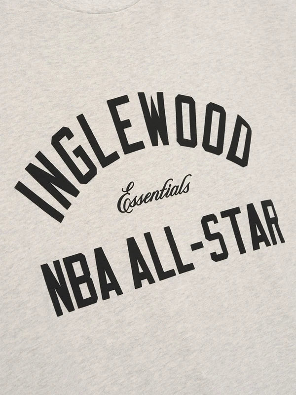 Recreated vintage-style grey graphic T-shirt from Essentials Inglewood x All Star Weekend ’26 with bold artwork