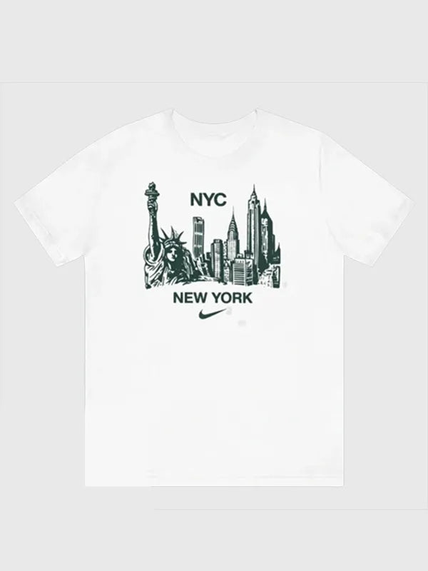 Recreated white Alyssa Liu NYC graphic T-shirt with soft feel and easy layering silhouette