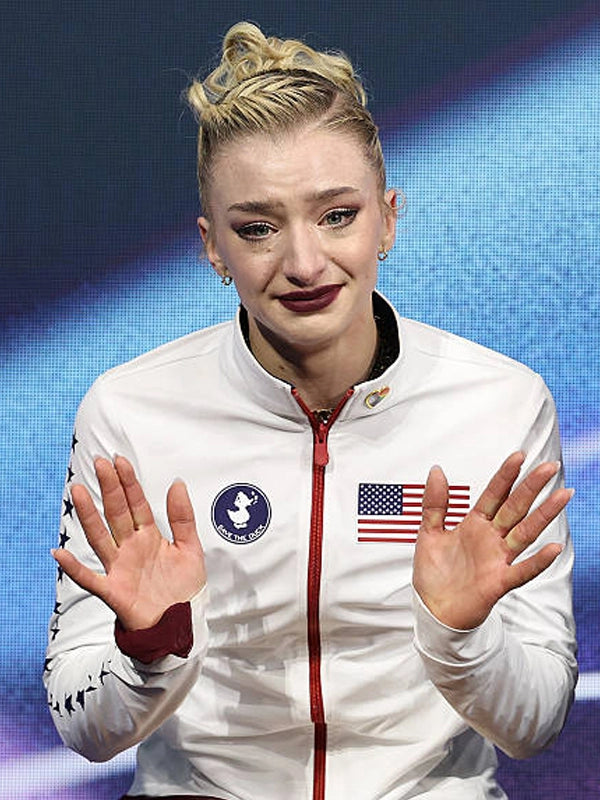 Recreated Save The Duck Amber Glenn 2026 Winter Olympics Team USA figure skating jacket in white with lightweight insulated construction