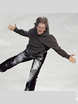 Unisex oversized grey pullover hoodie featuring NF Fear graphic associated with American figure skating star Ilia Malinin