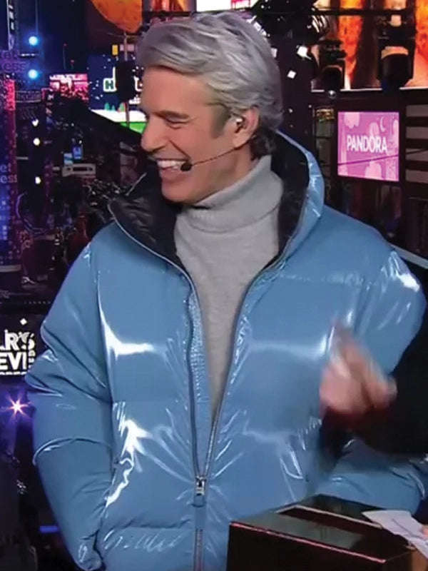 Recreated Andy Cohen NYE 2026 blue Mackage puffer jacket designed with a detachable hood and padded construction