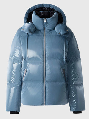 Recreated Andy Cohen NYE 2026 blue puffer jacket offering soft insulation and versatile detachable hood design