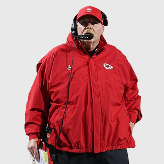 Andy Reid Kansas City Chiefs 2025 Red Jacket designed with a classic sideline-inspired look.