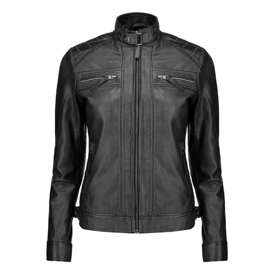 Anna Black Slimfit Quilted Leather Jacket