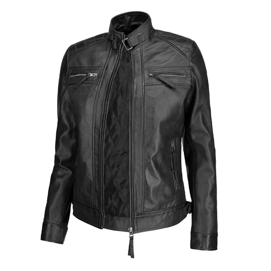 Anna Black Slimfit Quilted Leather Jacket