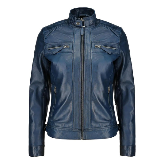 Anna Blue Quilted Biker Leather Jacket