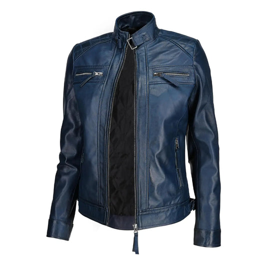 Anna Blue Quilted Biker Leather Jacket