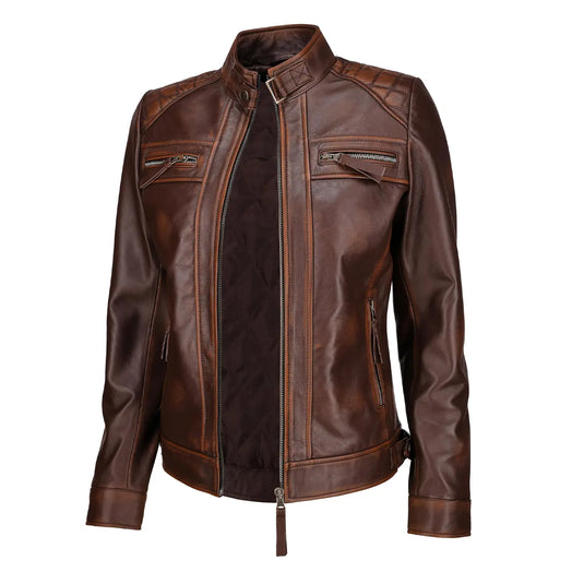 Anna Brown Quilted Shoulder Biker Leather Jacket