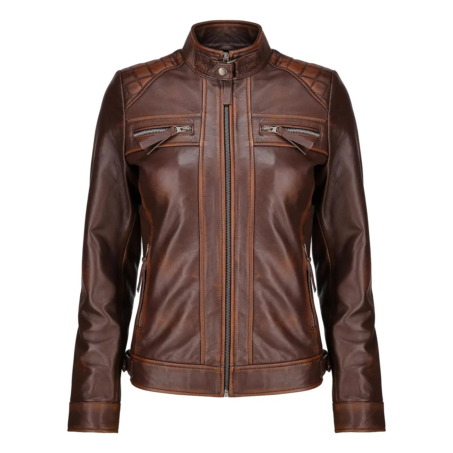 Anna Brown Quilted Shoulder Biker Leather Jacket