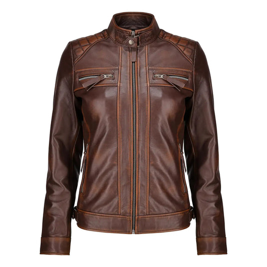 Anna Brown Quilted Shoulder Biker Leather Jacket