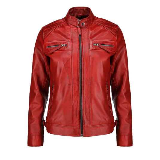 Anna Red Slimfit Quilted Leather Jacket