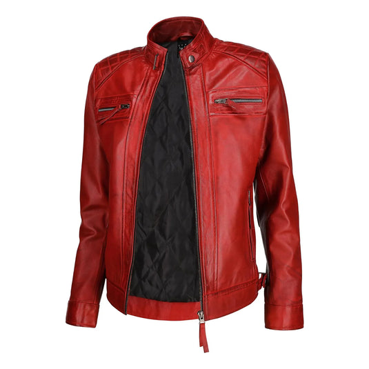 Anna Red Slimfit Quilted Leather Jacket