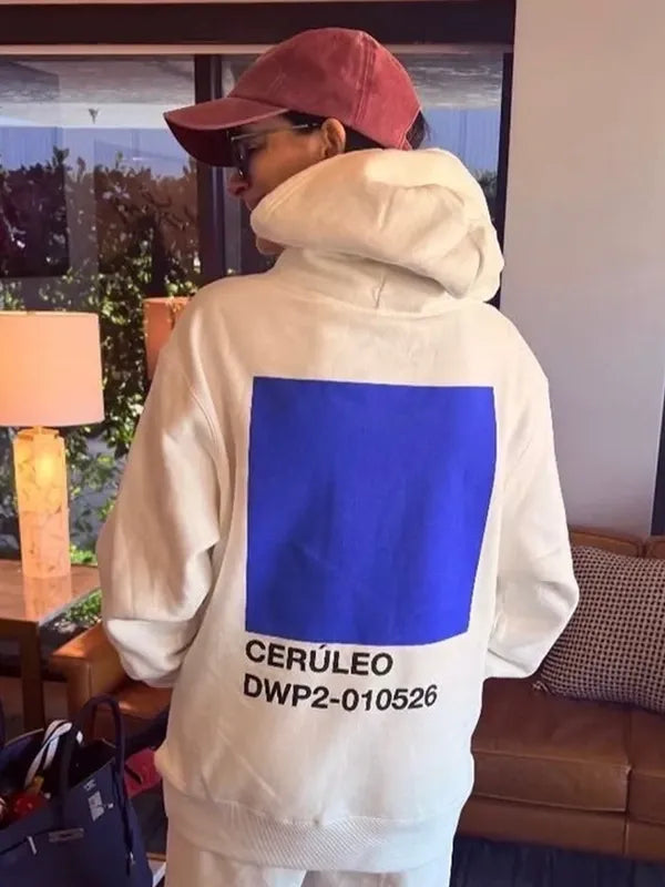 Recreated Devil Wears Prada 2 Anne Hathaway cerulean blue pullover hoodie in beige with soft fleece and clean graphic styling