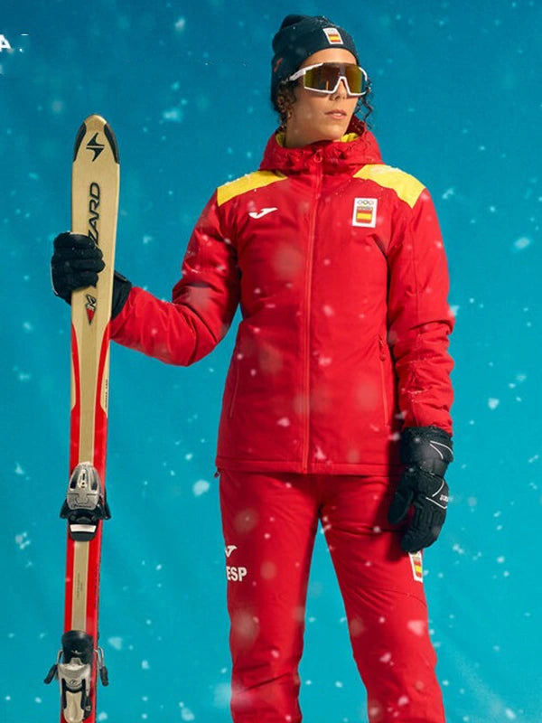 Red unisex anorak jacket recreated with Joma Sport detailing, inspired by Team Spain’s Milano Cortina 2026 Winter Olympics Opening Ceremony gear.