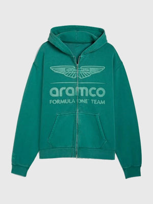 Unisex green PUMA x Aston Martin Aramco F1 Team zip-up hoodie recreation combining comfort and racing-inspired style