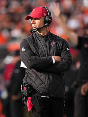 Recreated Jonathan Gannon inspired black parachute puffer vest with Arizona Cardinals sideline styling