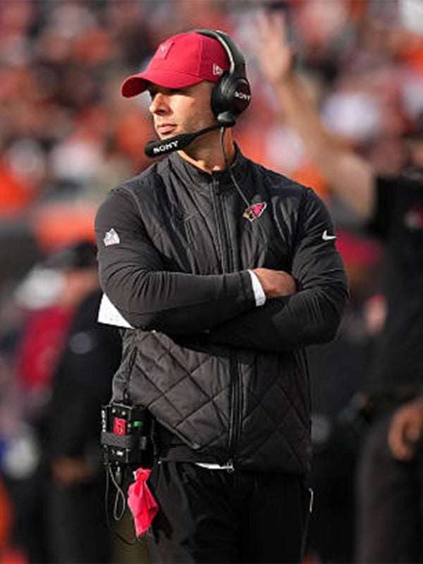Recreated Jonathan Gannon inspired black parachute puffer vest with Arizona Cardinals sideline styling
