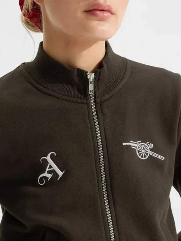 Recreated Arsenal AWFC Classics Russo 2026 brown track jacket with full-zip closure and streamlined silhouette