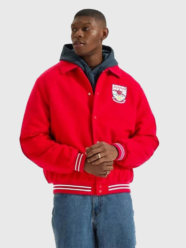 Red Arsenal Essentials wool varsity bomber jacket recreated with ribbed cuffs and hem, drawing inspiration from vintage collegiate design.