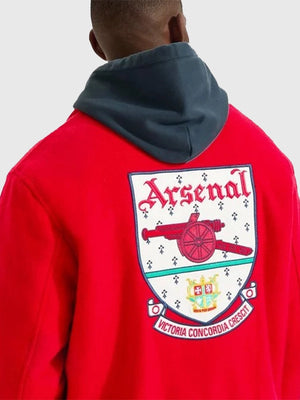 Red wool bomber jacket recreated from the 2026 Arsenal Essentials collection with premium fabric and classic bomber proportions.