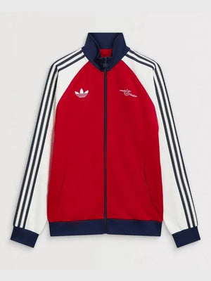 Unisex Arsenal adidas 2025/26 red and white track jacket featuring ribbed collar, cuffs, and streamlined performance fit