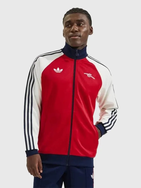 Recreated Arsenal adidas 25/26 track jacket in red and white with full-zip front and modern sportswear silhouette