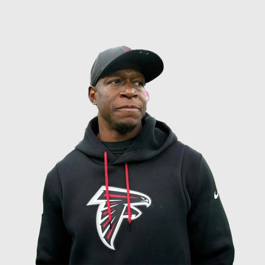 Raheem Morris Atlanta Falcons 2025 black fleece hoodie designed for coaches and fans alike.