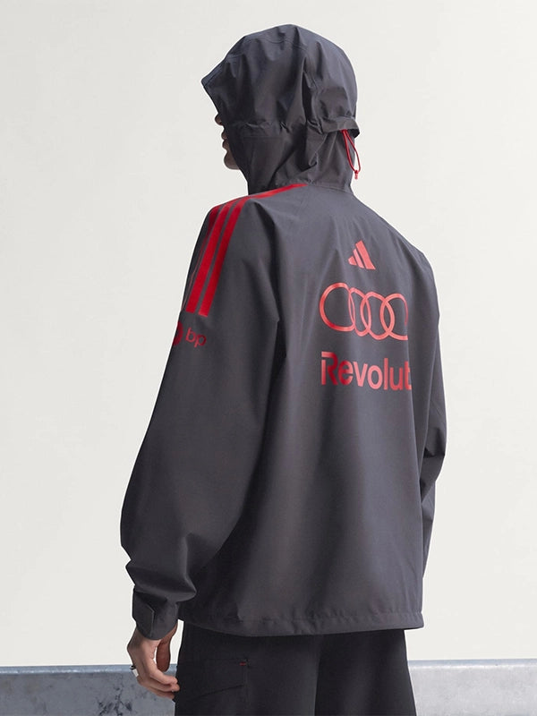 Adidas x Audi Revolut F1 Team mechanics black full-zip jacket designed for wet conditions and all-weather performance