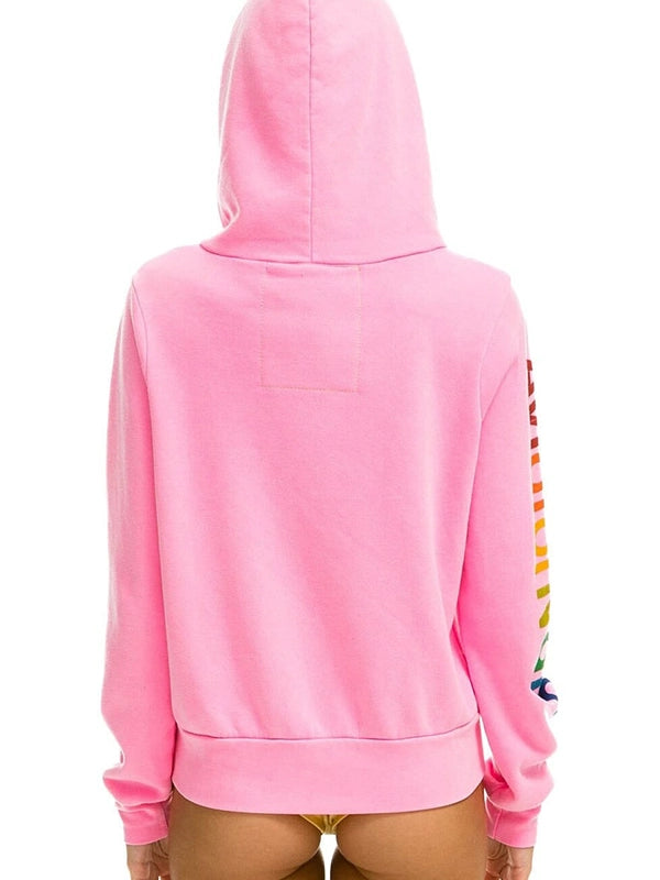 Recreated pink Aviator Nation full-zip fleece hoodie offering lightweight warmth and everyday layering appeal