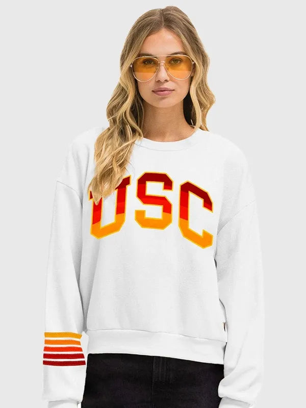 Recreated Aviator Nation 2026 University of Southern California crew sweatshirt in white with soft fleece interior and classic pullover design