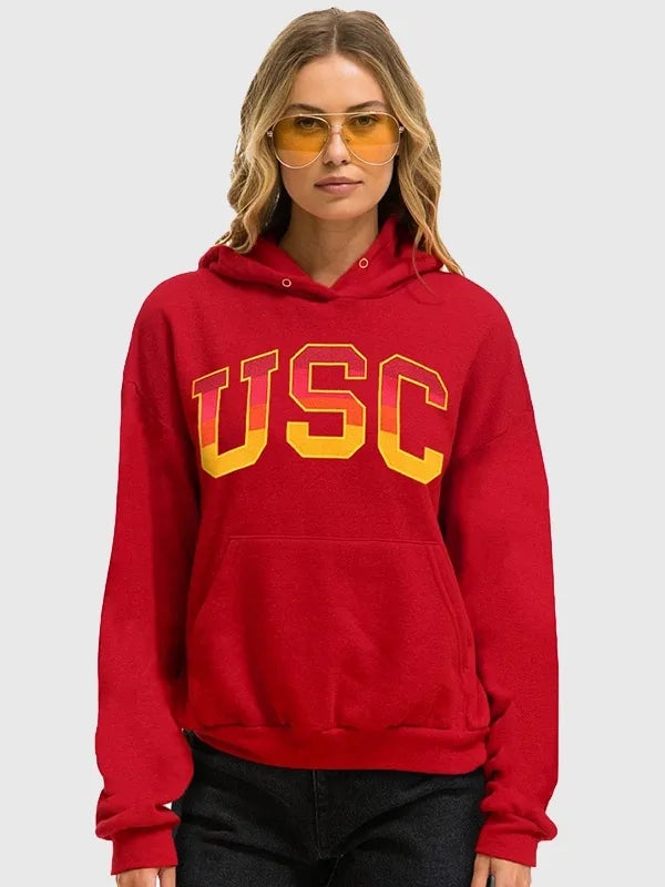 Recreated Aviator Nation 2026 University of Southern California pullover hoodie in red with soft fleece lining and classic drawstring hood
