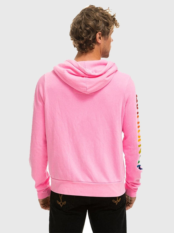 Recreated Aviator Nation Austin 2026 pink fleece hoodie with smooth zip-front closure and casual streetwear silhouette