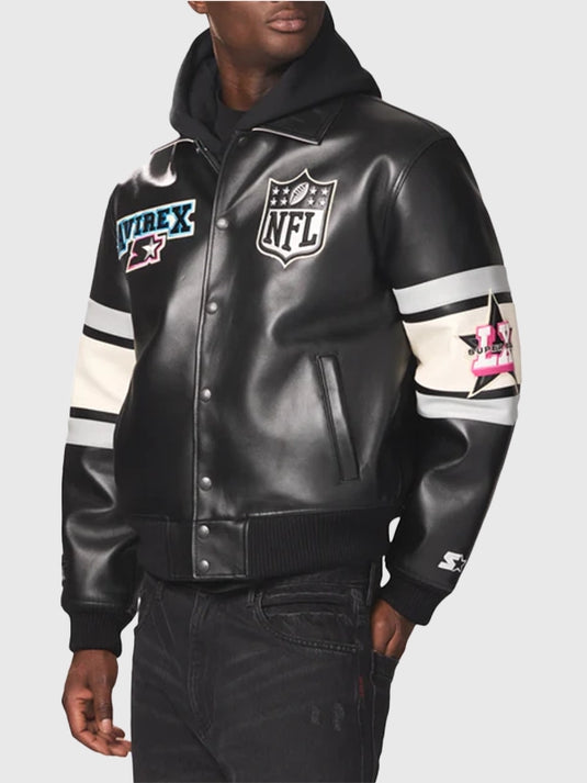 Avirex x Starter Super Bowl LX black leather bomber jacket designed with a bold, iconic finish