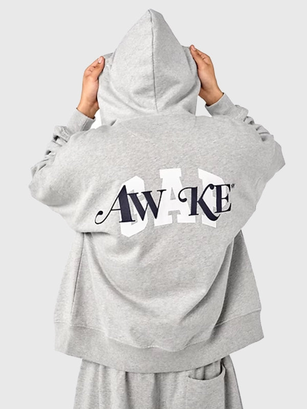 RECREATED Gap x Awake NY 2026 Oversized Logo Grey Fleece Zip Hoodie showcasing a clean silhouette with modern streetwear-inspired branding