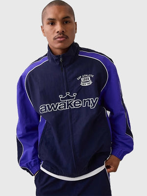RECREATED Gap Awake NY Oversized Full Zip Track Jacket 2026 featuring a relaxed fit with sleek street-style aesthetics