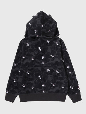 Recreated Kuromi 2026 black camo fleece hoodie by A Bathing Ape with adjustable hood and ribbed cuffs