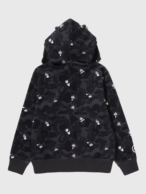 Recreated Kuromi 2026 black camo fleece hoodie by A Bathing Ape with adjustable hood and ribbed cuffs