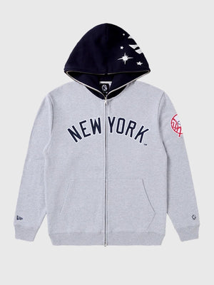 RECREATED Billionaire Boys Club x New York Yankees Blocked Zip Fleece Hoodie in Grey & Black featuring soft fleece fabric with a bold color-blocked design