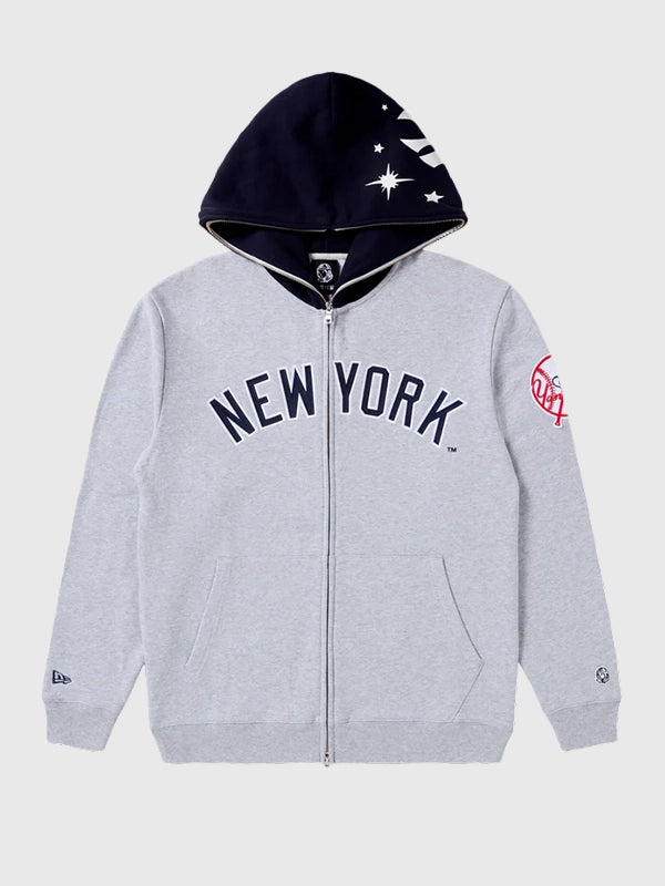 RECREATED Billionaire Boys Club x New York Yankees Blocked Zip Fleece Hoodie in Grey & Black featuring soft fleece fabric with a bold color-blocked design