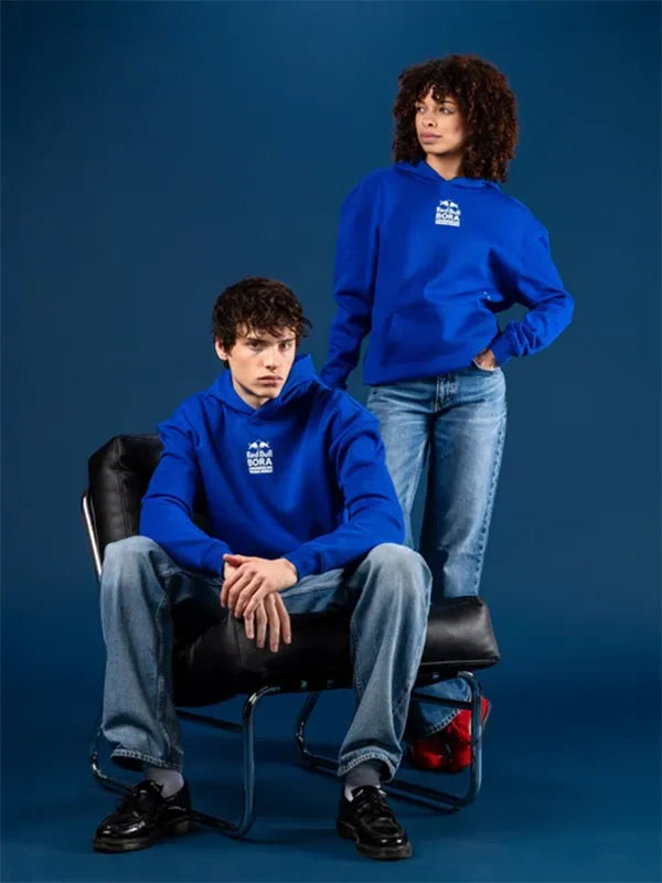 Recreated Red Bull BORA Hansgrohe 2026 royal blue lifestyle hoodie with bold branding and clean athletic styling