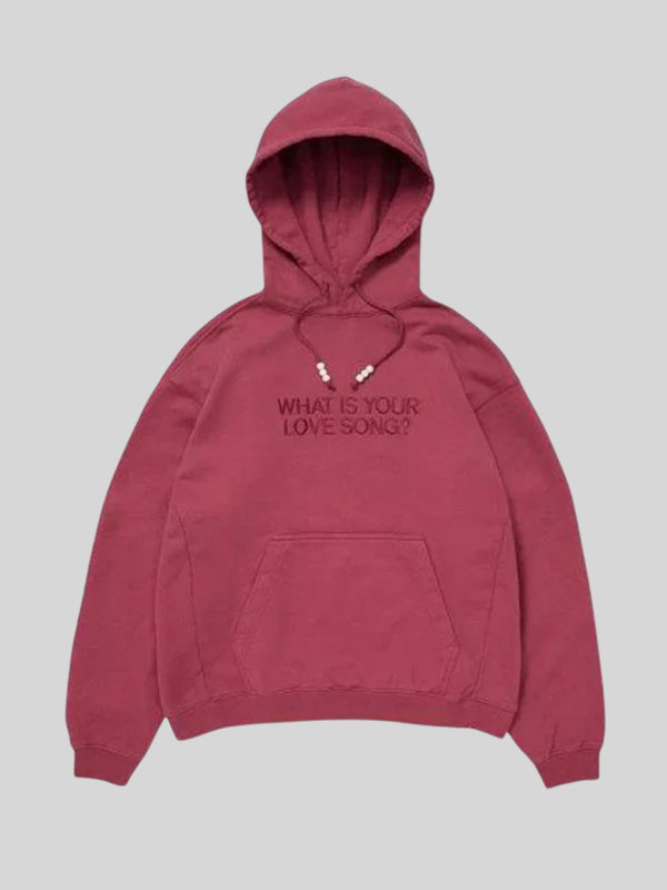RECREATED BTS Merch Arirang What Is Your Love Song Fleece Pullover Hoodie in Maroon featuring soft fleece fabric with a bold fan-inspired silhouette