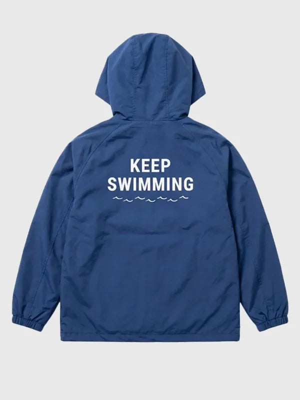 RECREATED BTS Musinsa Keep Swimming Jacket in Blue showcasing a streamlined profile with bold fan-inspired aesthetics