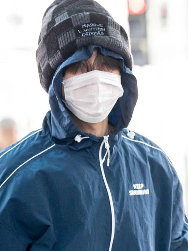BTS Keep Swimming jacket in blue recreated Musinsa style with zip-up front and smooth outer finish