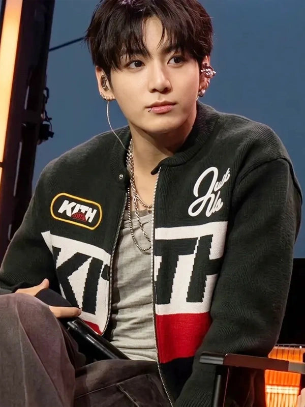 RECREATED Jeon Jungkook BTS SWIMSIDE Event 2026 Kith Jacket in Black featuring a clean design with bold concert-inspired aesthetics