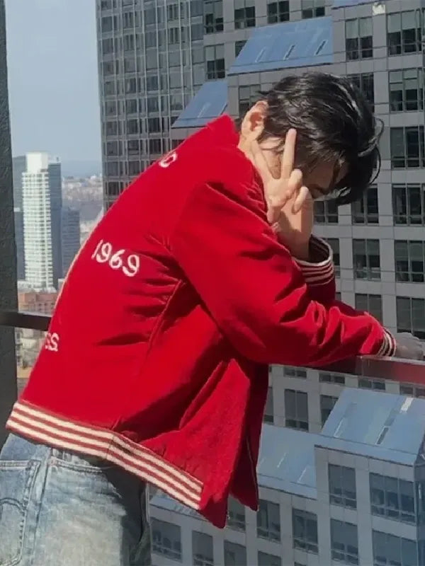 RECREATED Kim Taehyung Bode Wenham Red Souvenir Jacket showcasing a refined silhouette with artistic embroidered-style aesthetics