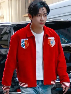 RECREATED BTS Kim Taehyung Bode Wenham Souvenir Red Wool Jacket featuring a rich wool build with a bold statement silhouette