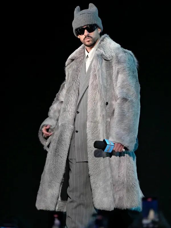Grey fur coat recreated from the Super Bowl LX Apple Music Halftime Show worn by Bad Bunny, featuring a shaggy silhouette and oversized fit.